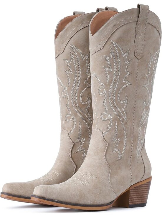 Shoes - Women's Beige Rubber Mid Calf Embroidered Stitched Pointed Toe Chunky Heel Boots